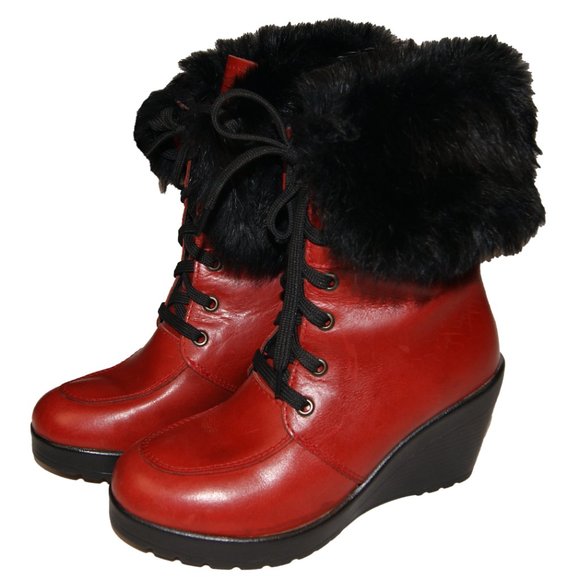 Alpi Sole Women's 36 Red Leather Black Fur‎ Wedge Heeled Winter Boots - Picture 1 of 6